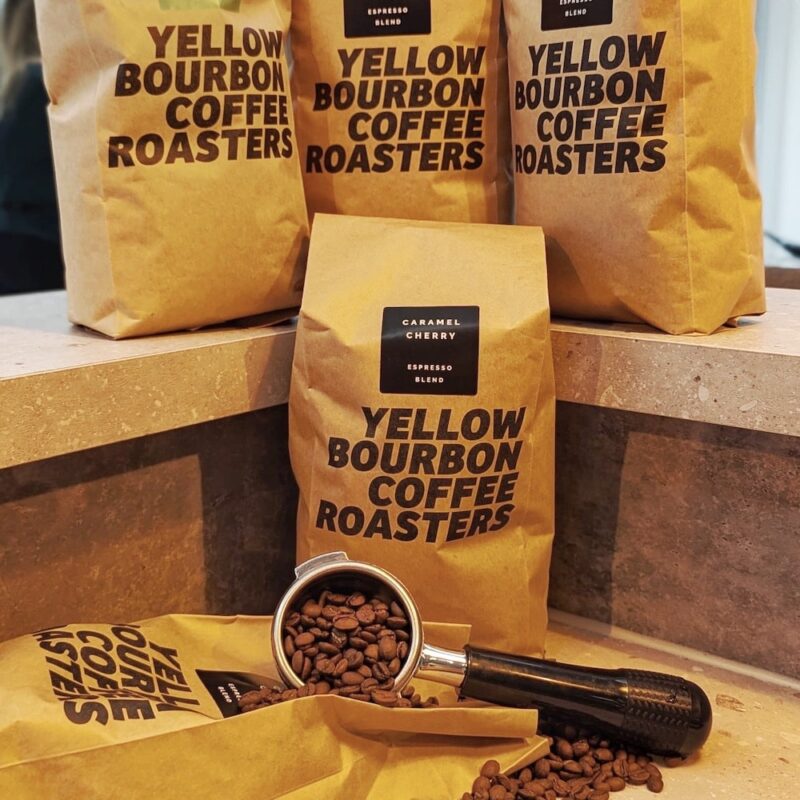 bags of yellow bourbon coffee beans